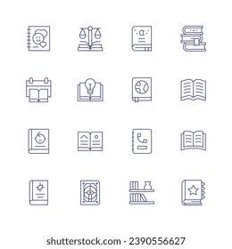 Book icon set. Thin line icon. Editable stroke. Containing phone, world book day, comic, book, law book, spell, ecology, wall shelves, library.