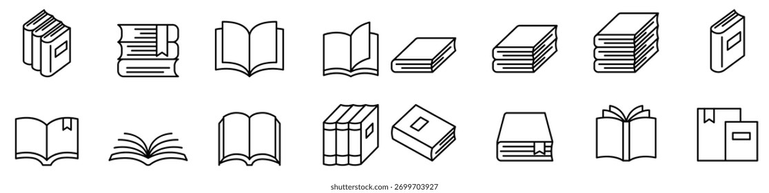 Ícone de livro definido no estilo de linha fina
