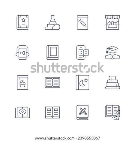 Book icon set. Thin line icon. Editable stroke. Containing magic, audio, recipe, book, books, open book, medical, read, fantasy, book fair, literature, education, reading.
