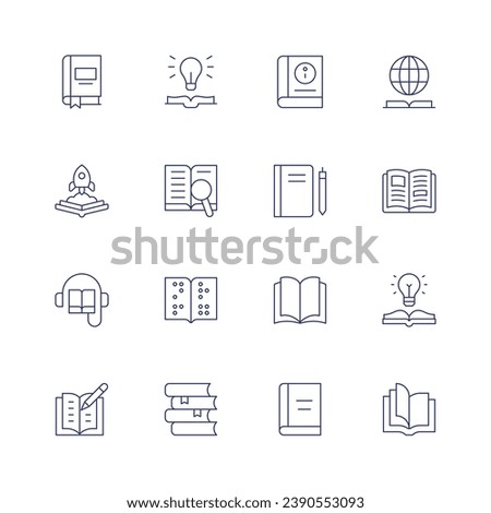 Book icon set. Thin line icon. Editable stroke. Containing book, user guide, idea, knowledge, notebook, search, write, audiobook, open book, braille.