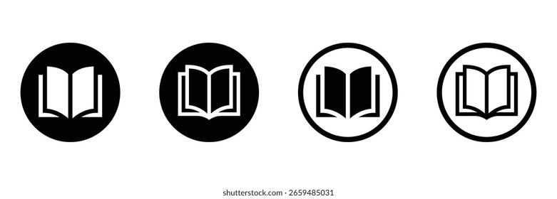 Book Icon Set Variations in Circular Frames, Minimalist Style, Educational Concept, Black and White Vector.