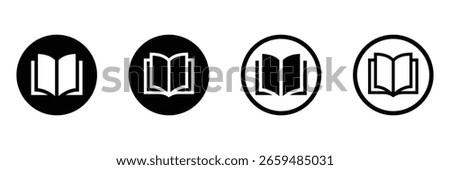 Book Icon Set Variations in Circular Frames, Minimalist Style, Educational Concept, Black and White Vector.