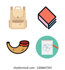 book icon set. vector set about e reader, hebrew, notebook and backpack icons set.