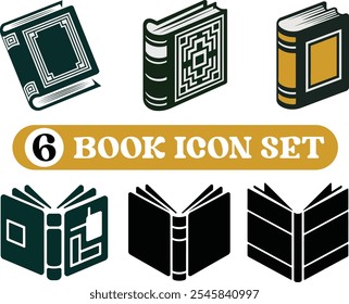 Buch Symbol Set Vektor. Buchzeichen und -symbol öffnen. e Buch Ikone Schule Ikone Bücher geöffnet, geschlossen schwarze Ikone auf weiß gesetzt.