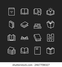 Book icon set, white lines on black background. Literature from different angles. Stack of books to read. Customizable line thickness.