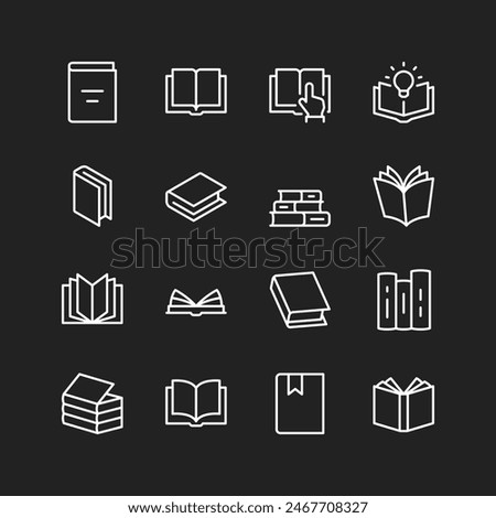 Book icon set, white lines on black background. Literature from different angles. Stack of books to read. Customizable line thickness.