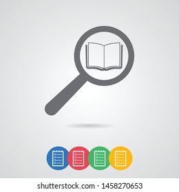 A book icon. A sign of reading and a library. A symbol of the book. Magnifying glass with a book icon.