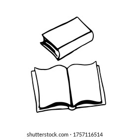 Book icon. Simple outline drawing of closed and opened books, doodle. Vector hand drawn illustration in black and white. Isolated on white background