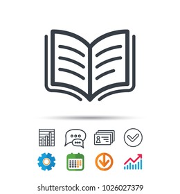 Book icon. Study literature sign. Education textbook symbol. Statistics chart, chat speech bubble and contacts signs. Check web icon. Vector