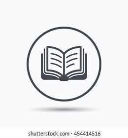 Book icon. Study literature sign. Education textbook symbol. Circle button with flat web icon on white background. Vector