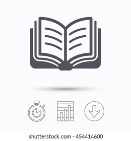 Book icon. Study literature sign. Education textbook symbol. Stopwatch, chart graph and download arrow. Linear icons on white background. Vector