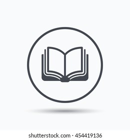 Book icon. Study literature sign. Education textbook symbol. Circle button with flat web icon on white background. Vector