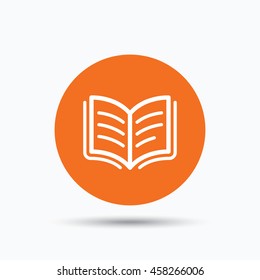 Book icon. Study literature sign. Education textbook symbol. Orange circle button with flat web icon. Vector