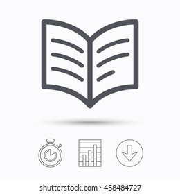 Book icon. Study literature sign. Education textbook symbol. Stopwatch, chart graph and download arrow. Linear icons on white background. Vector