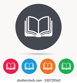 Book icon. Study literature sign. Education textbook symbol. Colored circle buttons with flat web icon. Vector