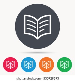 Book icon. Study literature sign. Education textbook symbol. Colored circle buttons with flat web icon. Vector