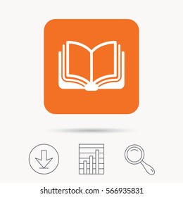 Book icon. Study literature sign. Education textbook symbol. Report chart, download and magnifier search signs. Orange square button with web icon. Vector