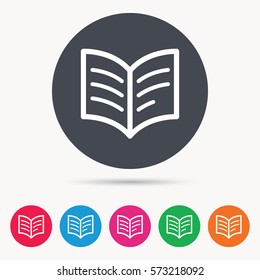 Book icon. Study literature sign. Education textbook symbol. Colored circle buttons with flat web icon. Vector