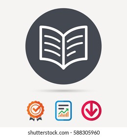Book icon. Study literature sign. Education textbook symbol. Report document, award medal with tick and new tag signs. Colored flat web icons. Vector