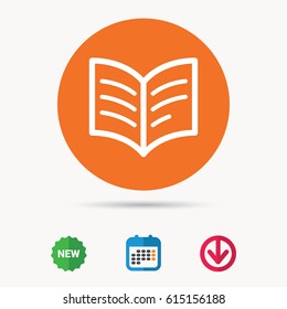 Book icon. Study literature sign. Education textbook symbol. Calendar, download arrow and new tag signs. Colored flat web icons. Vector