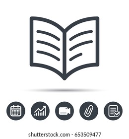 Book icon. Study literature sign. Education textbook symbol. Calendar, chart and checklist signs. Video camera and attach clip web icons. Vector