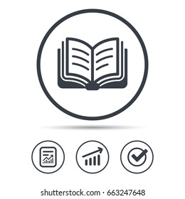 Book icon. Study literature sign. Education textbook symbol. Report document, Graph chart and Check signs. Circle web buttons. Vector