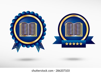 Book icon stylish quality guarantee badges. Blue colorful promotional labels