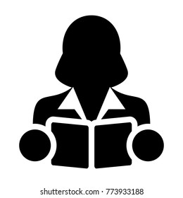 Book Icon Vector With Female Student or Teacher Person Profile Avatar for School, College and University Education in Glyph Pictogram Symbol illustration