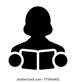 Book Icon Vector With Female Student or Teacher Person Profile Avatar for School, College and University Education in Glyph Pictogram Symbol illustration