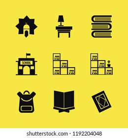 book icon. book vector icons set lamp nightstand, school, islamic mosque and school book bag