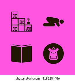 book icon. book vector icons set open book, islam prayer, bookcase flower pot and school book bag