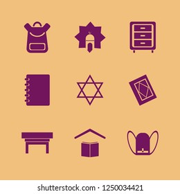 book icon. book vector icons set star of david, school book bag, holy quran and school