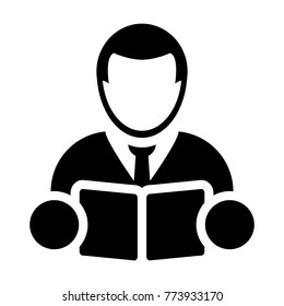 Book Icon Vector With Male Student or Teacher Person Profile Avatar for School, College and University Education in Glyph Pictogram Symbol illustration