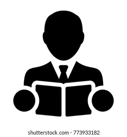 Book Icon Vector With Male Student or Teacher Person Profile Avatar for School, College and University Education in Glyph Pictogram Symbol illustration