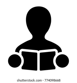 Book Icon Vector With Male Student or Teacher Person Profile Avatar for School, College and University Education in Glyph Pictogram Symbol illustration