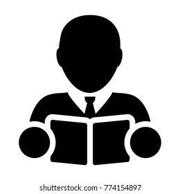 Book Icon Vector With Male Student or Teacher Person Profile Avatar for School, College and University Education in Glyph Pictogram Symbol illustration