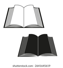 Book icon vector. Open reading shape. White black illustration. Education symbol concept