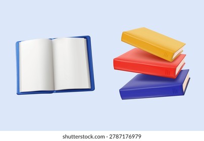 Book icons 3D set. Stacks of colorful books, open textbooks for reading and flying books. Love of literature. Education and learning. Realistic plasticine style vector illustration collection on white