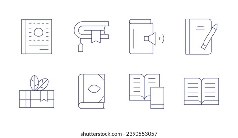 Icons buchen. Bearbeitbarer Strich. Enthält Buch, Hörbuch, offenes Buch, Notiz, Lesen.