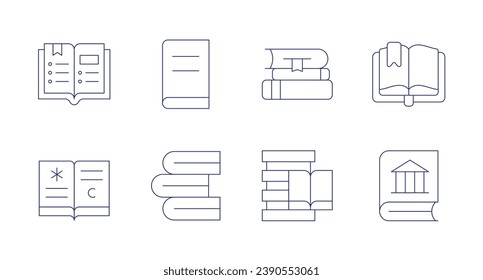 Icons buchen. Bearbeitbarer Strich. Enthält Buch, Bücher, Datenbank, Lesen, Geschichtsbuch, offenes Buch.