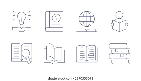 Book icons. Editable stroke. Containing user guide, idea, knowledge, search, book, reading book, open book.