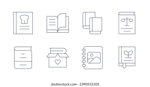 Book icons. Editable stroke. Containing law book, book, cook book, books, photo album.