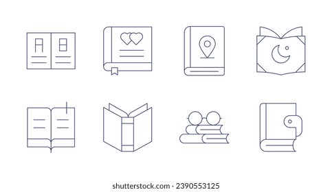 Icons buchen. Bearbeitbarer Strich. Mit Buch, Hochzeit, Führer, Brille, offenem Buch.