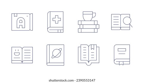 Book icons. Editable stroke. Containing book, medical book, science book, books, search.