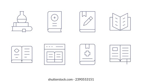 Book icons. Editable stroke. Containing book, medical book, online book, guideline.