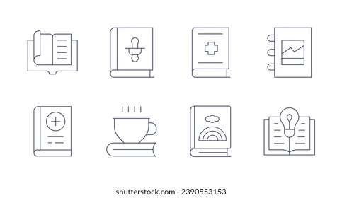 Book icons. Editable stroke. Containing book, medical book, childrens book, childrens stories, album, knowledge.