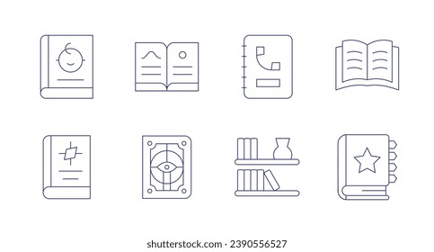 Book icons. Editable stroke. Containing comic, book, spell book, phone, wall shelves.
