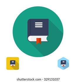 Book icons. flat design with long shadow. vector illustration. Design elements for mobile and web applications. Three types of icons: circle, square, hexagon.