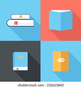 book icons. Flat design style modern vector illustration. Isolated on stylish color background. Flat long shadow icon. Elements in flat design.