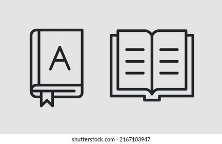 Iconos del libro. Un libro cerrado y abierto aislado de fondo claro. Para el diseño de redes sociales, web y aplicaciones. Concepto de educación. Ilustración vectorial. 
